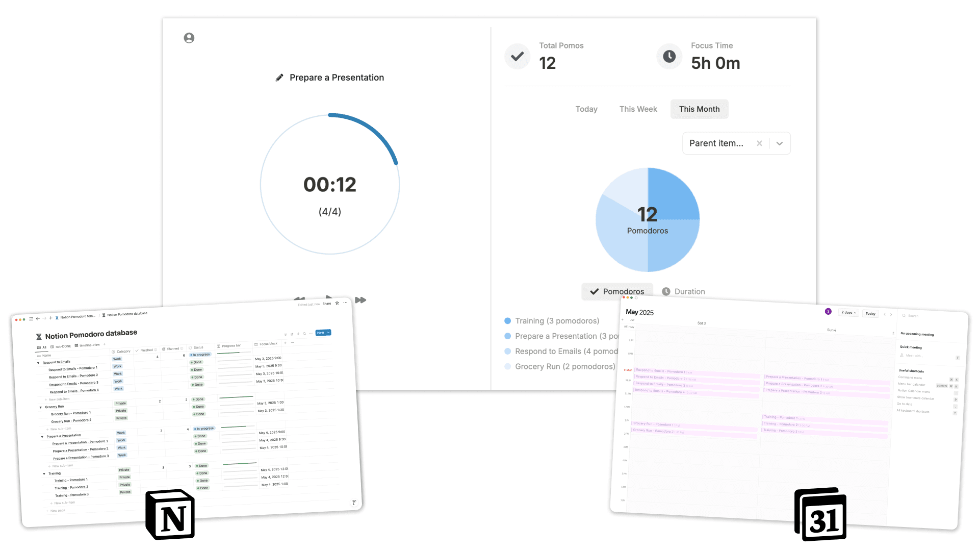 Notion Pomodoro complete dashboard showcasing timer, calendar sync, and productivity analytics in Notion