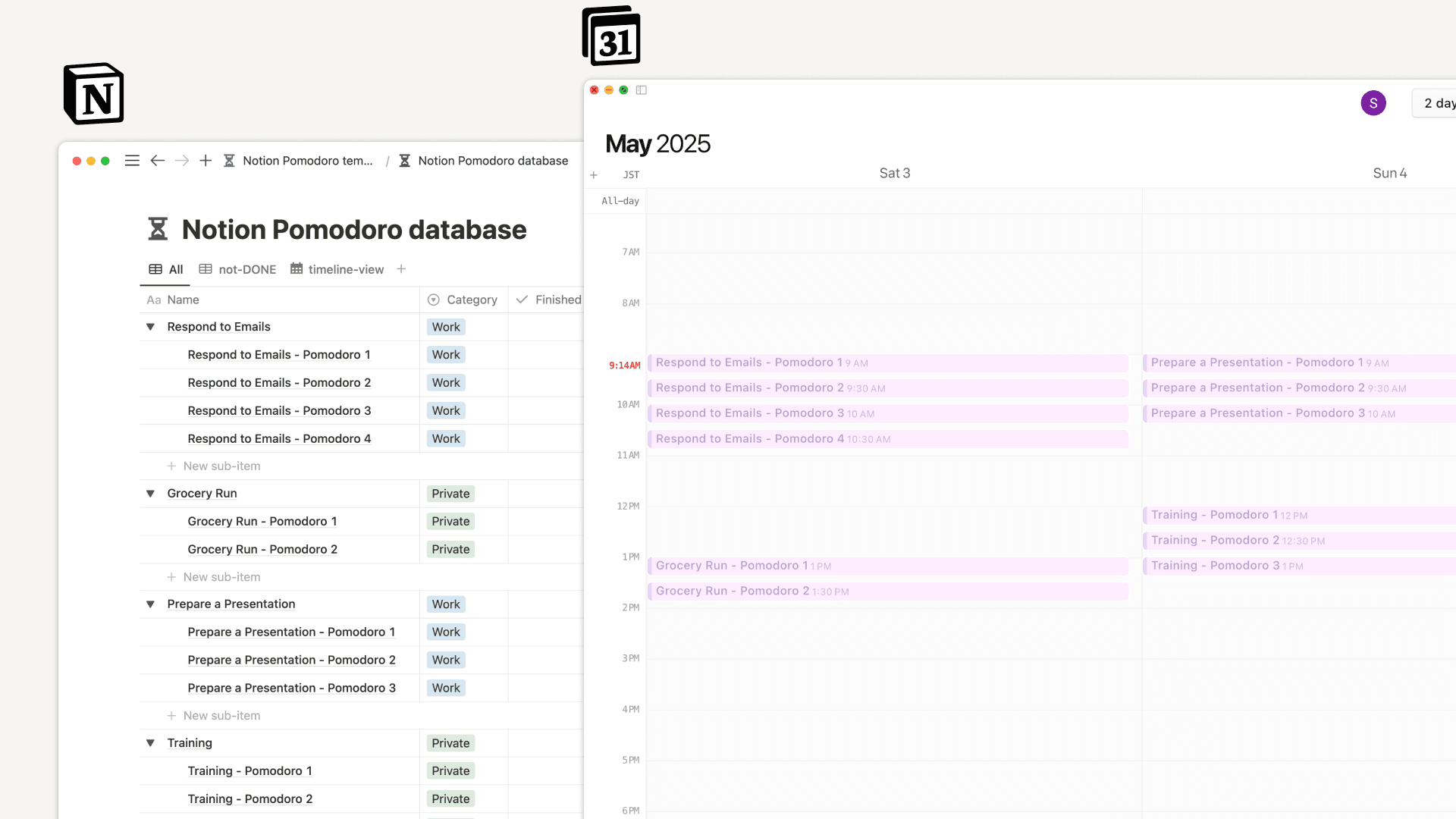 Notion Calendar integration showing Pomodoro focus sessions automatically scheduled and tracked