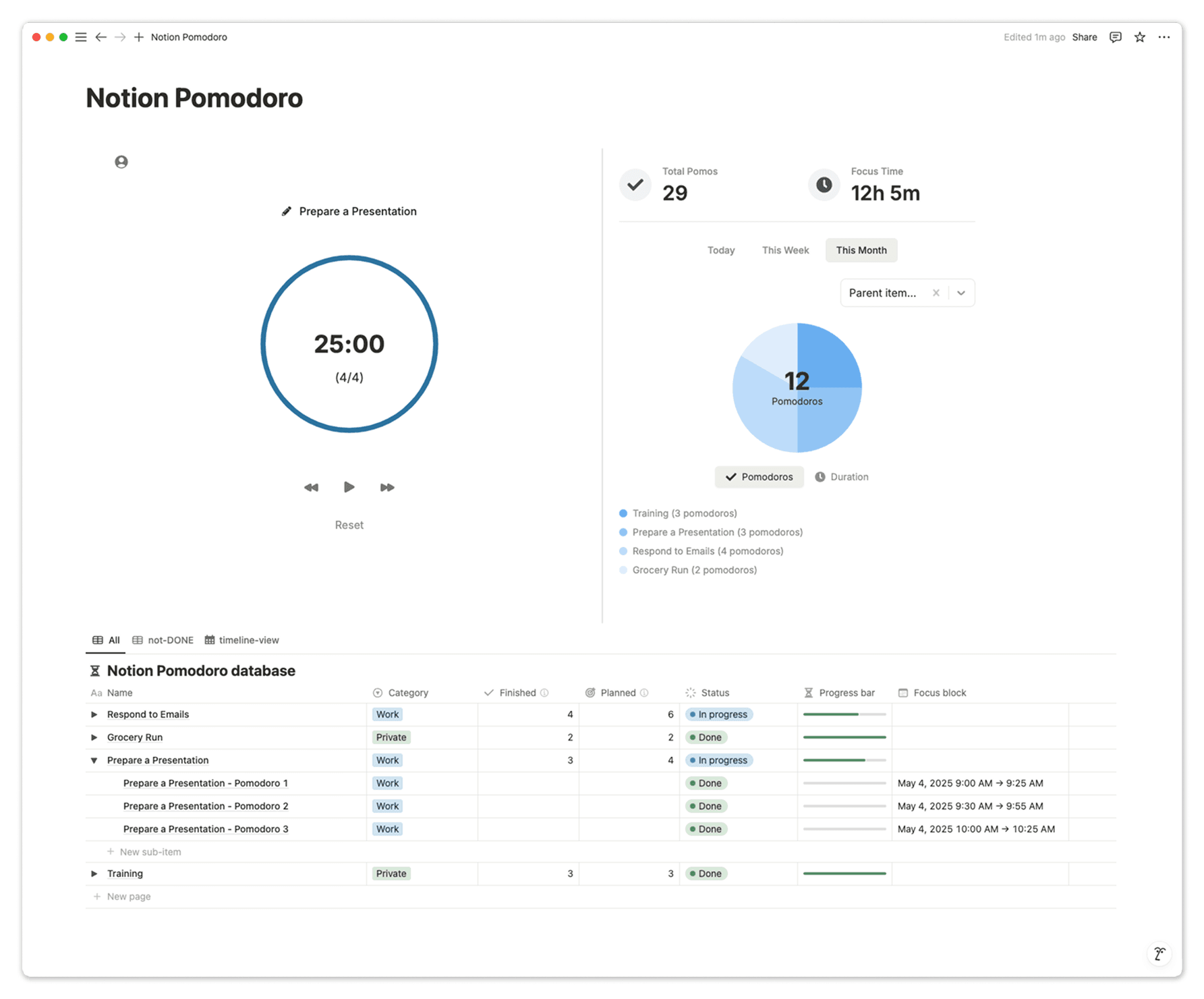 Notion Pomodoro timer embedded directly within Notion workspace page for seamless productivity