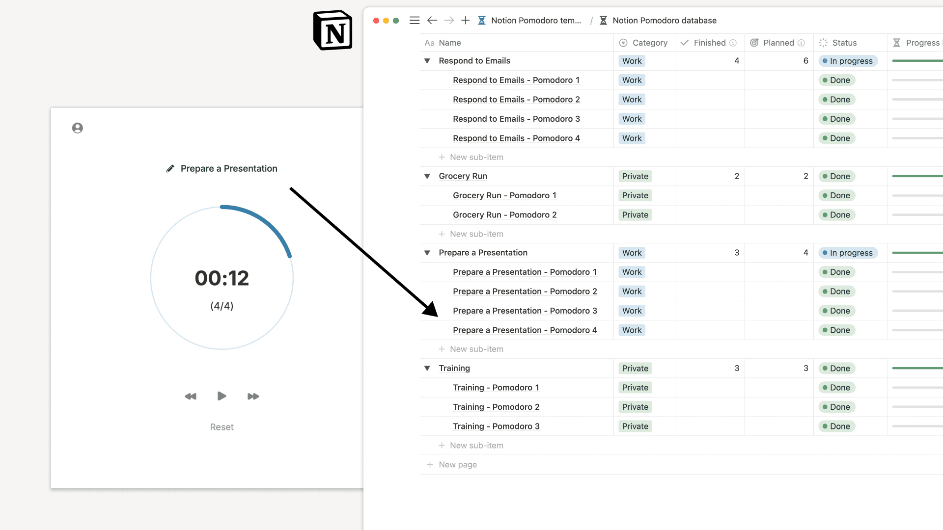 Notion Pomodoro timer completion screen syncing session data to Notion database