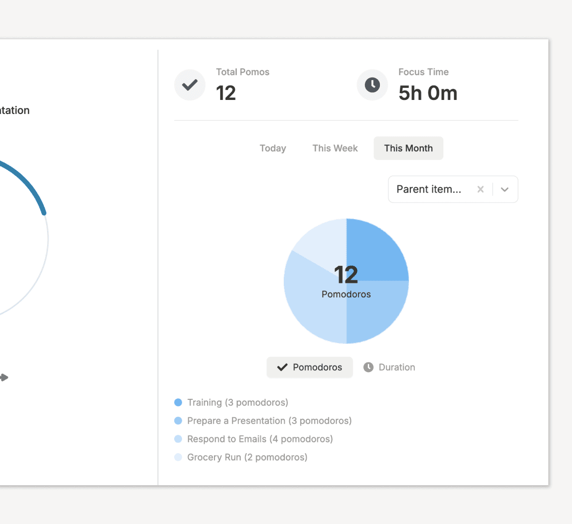 Notion Pomodoro statistics dashboard showing visual charts and productivity analytics